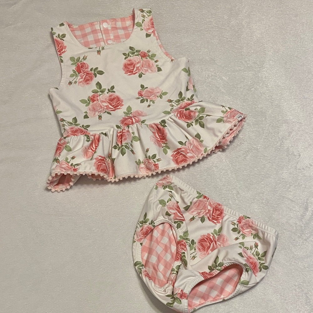 Like New Mud Pie  Reversible Girls Swimsuit Tankini Bikini Rose Floral & Gingham